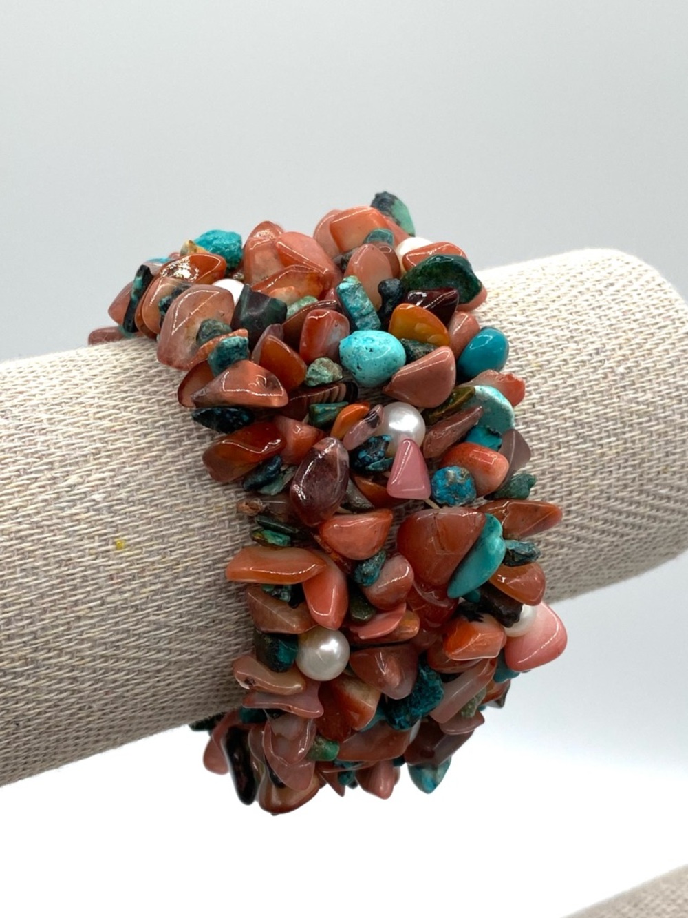 Turquoise Chip Freshwater Pearl Gemstone Stretch Bracelet